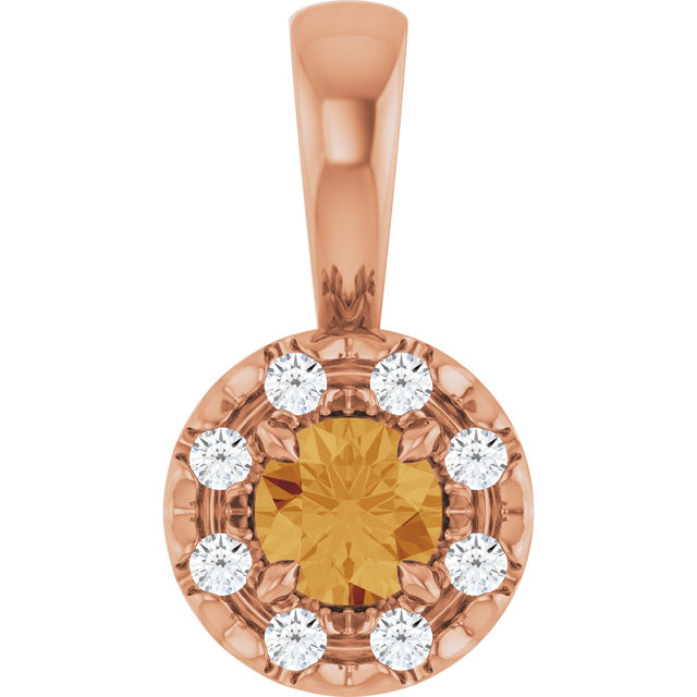 14K Gold Emerald Natural Citrine Halo-Style Necklace or Pendant - Rose Gold