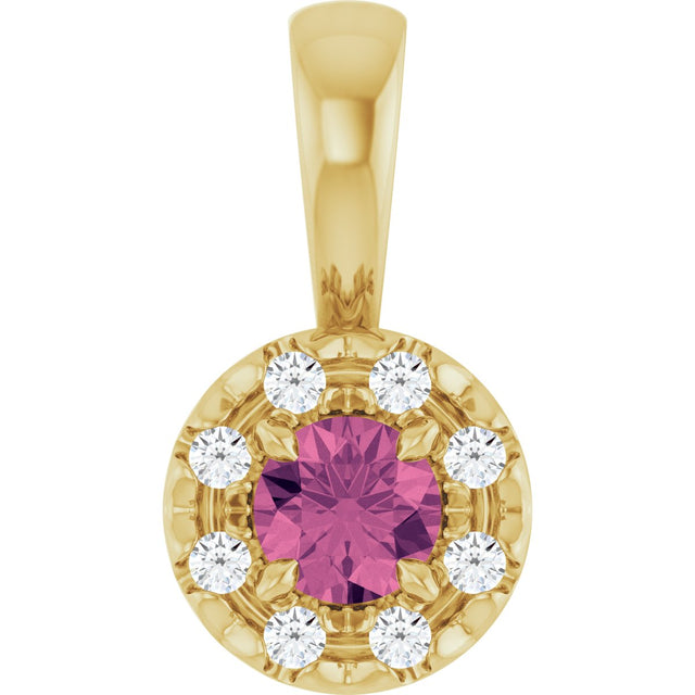 14K Gold Emerald Natural Pink Tourmaline Halo-Style Necklace or Pendant - Yellow Gold