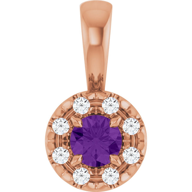 14K Gold Emerald Natural Amethyst Halo-Style Necklace or Pendant - Rose Gold