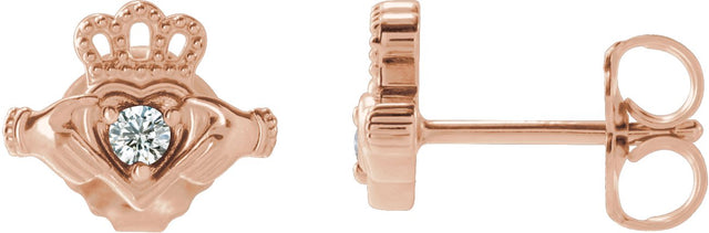 14K Gold Round Natural Diamond Accented Claddagh Earrings - Rose Gold