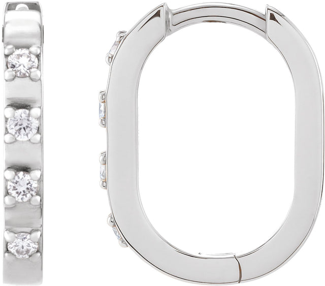 14K Gold Round Natural Diamond Elongated Hoop Earrings - White Gold