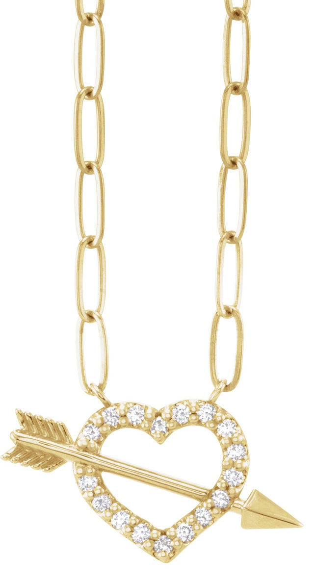 14K Gold Round Natural Diamond Accented Heart & Arrow Necklace - Yellow Gold