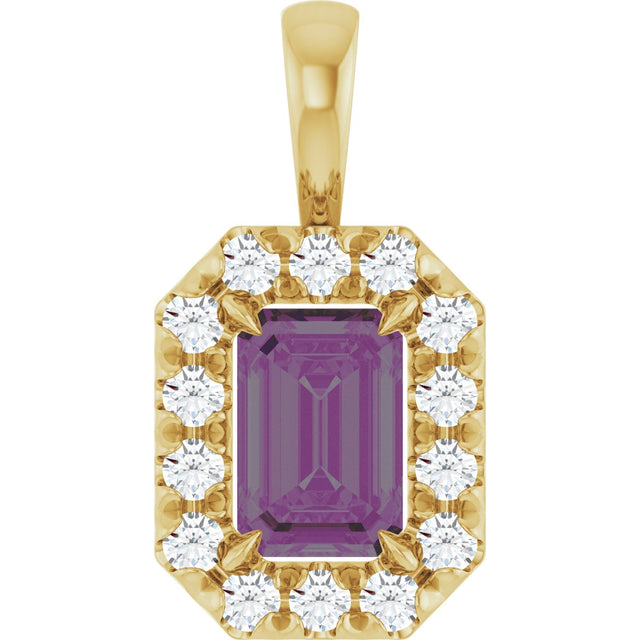 14K Gold Emerald Lab-Grown Alexandrite Halo-Style Necklace or Pendant - Yellow Gold