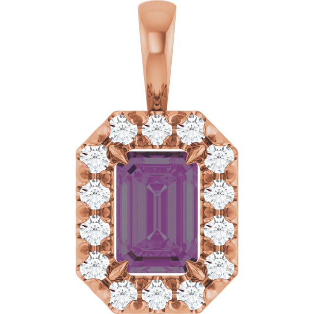 14K Gold Emerald Lab-Grown Alexandrite Halo-Style Necklace or Pendant - Rose Gold