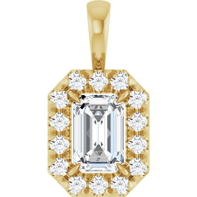 14K Gold Emerald Natural White Sapphire Halo-Style Necklace or Pendant - Yellow Gold