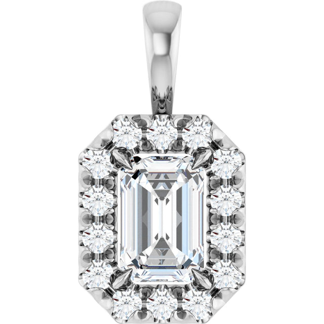 14K Gold Emerald Natural White Sapphire Halo-Style Necklace or Pendant - White Gold