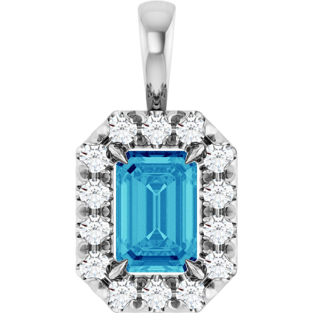 14K Gold Emerald Natural Blue Zircon Halo-Style Necklace or Pendant - White Gold
