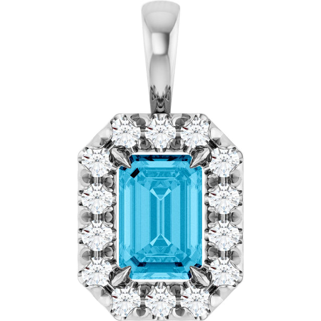 Platinum Emerald Natural Aquamarine Halo-Style Necklace or Pendant