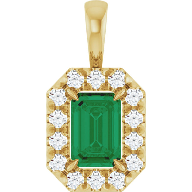 14K Gold Emerald Natural Emerald Halo-Style Necklace or Pendant - Yellow Gold