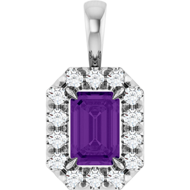 Platinum Emerald Natural Amethyst Halo-Style Necklace or Pendant