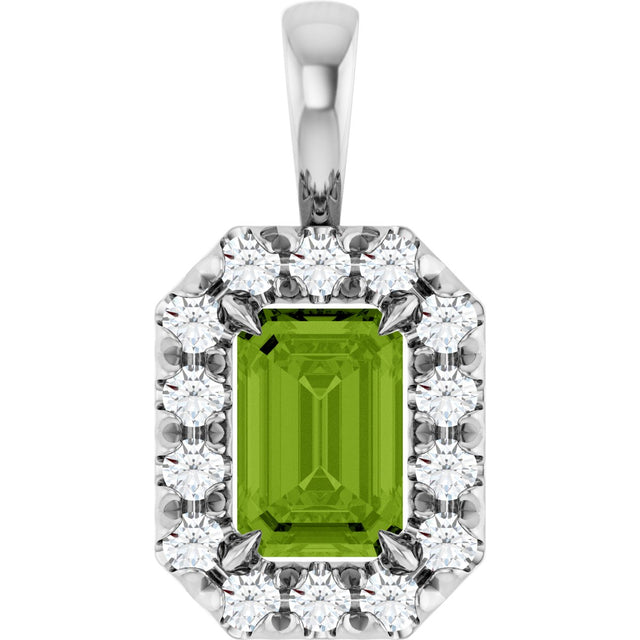 14K Gold Emerald Natural Peridot Halo-Style Necklace or Pendant - White Gold