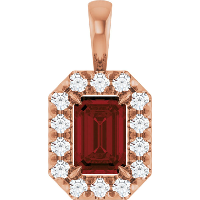 14K Gold Emerald Natural Mozambique Garnet Halo-Style Necklace or Pendant - Rose Gold