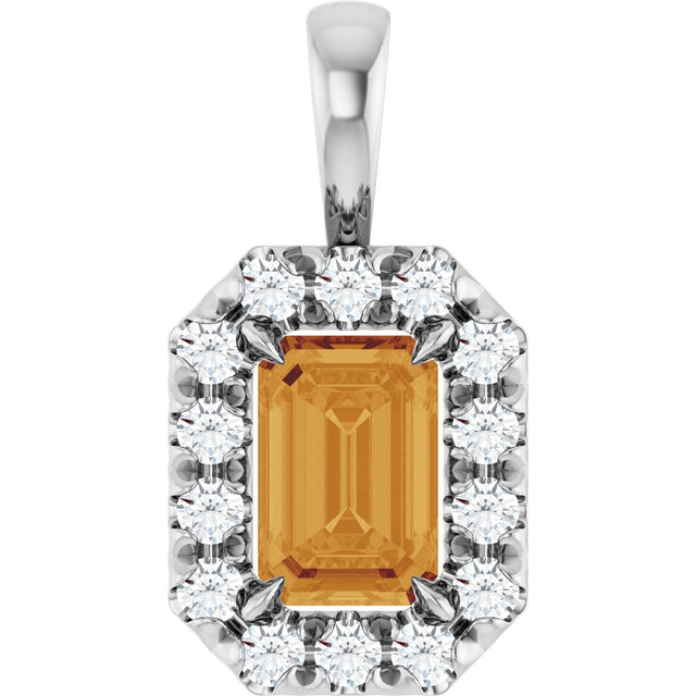 Platinum Emerald Natural Citrine Halo-Style Necklace or Pendant