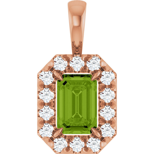 14K Gold Emerald Natural Peridot Halo-Style Necklace or Pendant - Rose Gold
