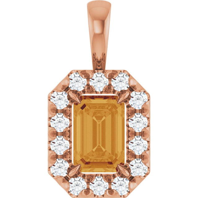 14K Gold Emerald Natural Citrine Halo-Style Necklace or Pendant - Rose Gold