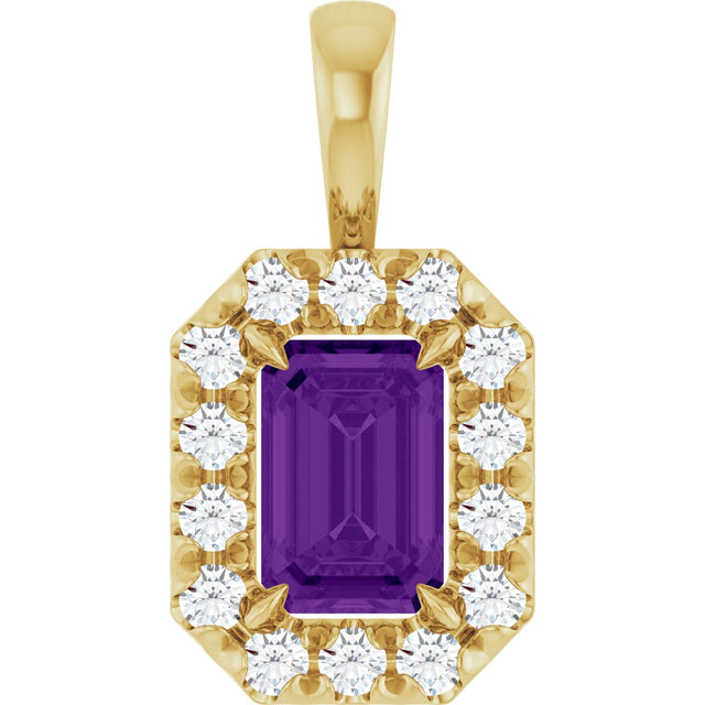 14K Gold Emerald Natural Amethyst Halo-Style Necklace or Pendant - Yellow Gold