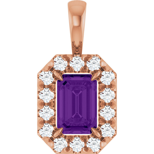 14K Gold Emerald Natural Amethyst Halo-Style Necklace or Pendant - Rose Gold