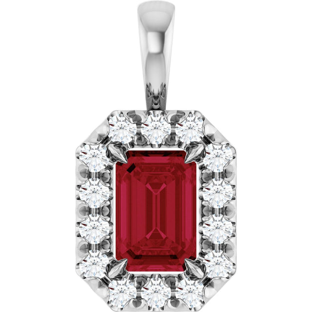 14K Gold Emerald Lab-Grown Ruby Halo-Style Necklace or Pendant - White Gold
