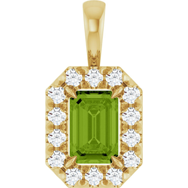 14K Gold Emerald Natural Peridot Halo-Style Necklace or Pendant - Yellow Gold