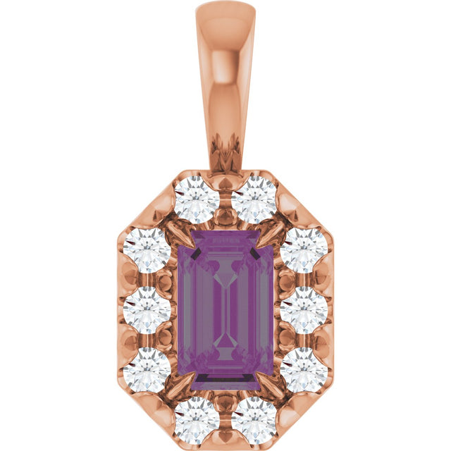 14K Gold Emerald Lab-Grown Alexandrite Halo-Style Necklace or Pendant - Rose Gold
