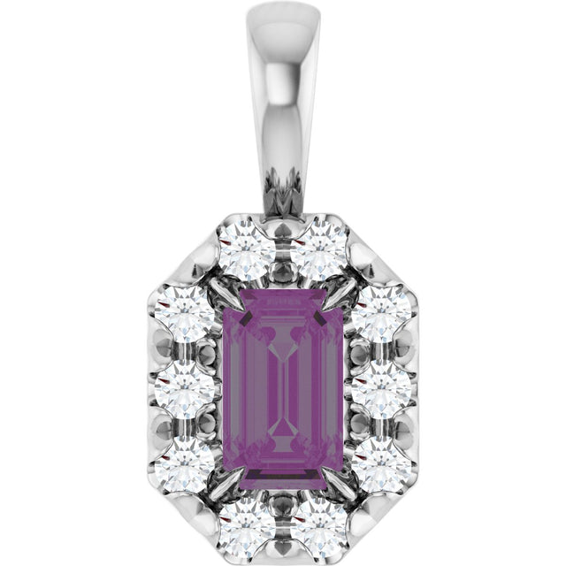14K Gold Emerald Lab-Grown Alexandrite Halo-Style Necklace or Pendant - White Gold