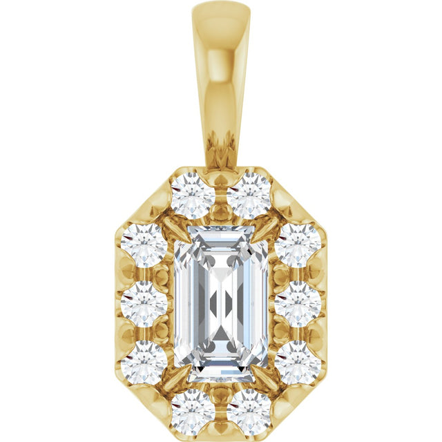 14K Gold Emerald Natural White Sapphire Halo-Style Necklace or Pendant - Yellow Gold