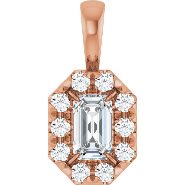 14K Gold Emerald Natural White Sapphire Halo-Style Necklace or Pendant - Rose Gold