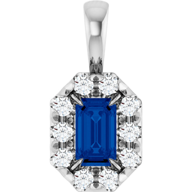 Platinum Emerald Natural Blue Sapphire Halo-Style Necklace or Pendant
