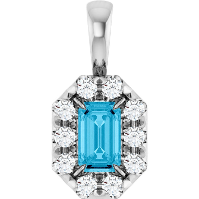 Platinum Emerald Natural Aquamarine Halo-Style Necklace or Pendant