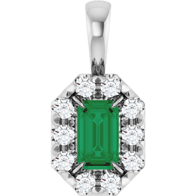 Platinum Emerald Lab-Grown Emerald Halo-Style Necklace or Pendant