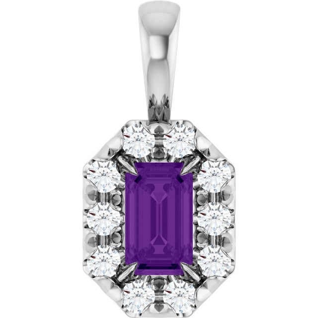 Platinum Emerald Natural Amethyst Halo-Style Necklace or Pendant