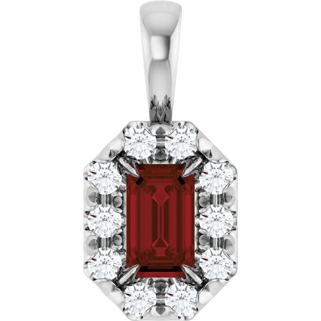 14K Gold Emerald Natural Mozambique Garnet Halo-Style Necklace or Pendant - White Gold