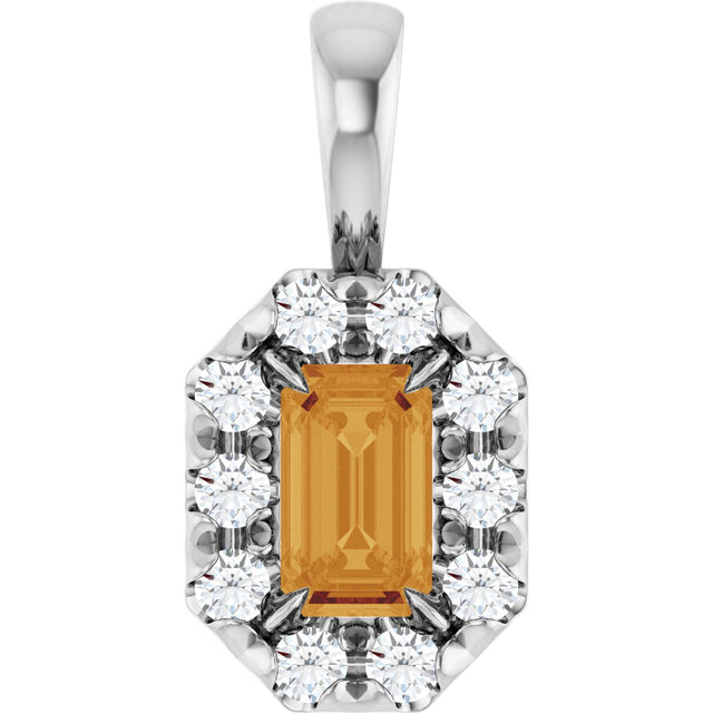 14K Gold Emerald Natural Citrine Halo-Style Necklace or Pendant - White Gold