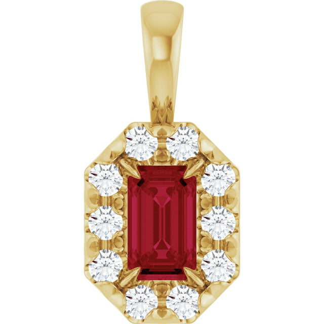 14K Gold Emerald Natural Ruby Halo-Style Necklace or Pendant - Yellow Gold