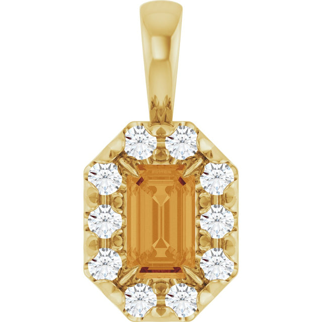 14K Gold Emerald Natural Citrine Halo-Style Necklace or Pendant - Yellow Gold