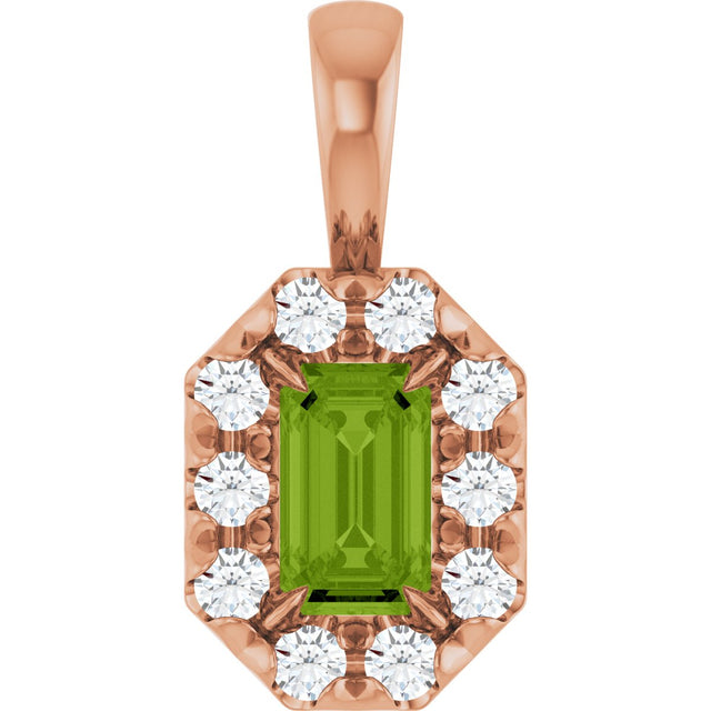 14K Gold Emerald Natural Peridot Halo-Style Necklace or Pendant - Rose Gold