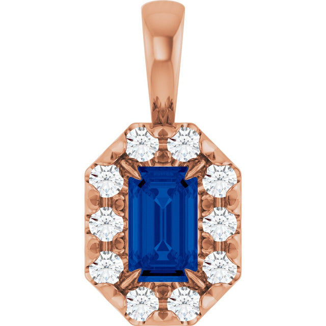 14K Gold Emerald Lab-Grown Blue Sapphire Halo-Style Necklace or Pendant - Rose Gold