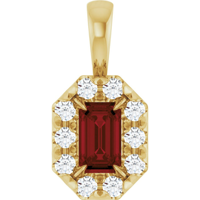 14K Gold Emerald Natural Mozambique Garnet Halo-Style Necklace or Pendant - Yellow Gold