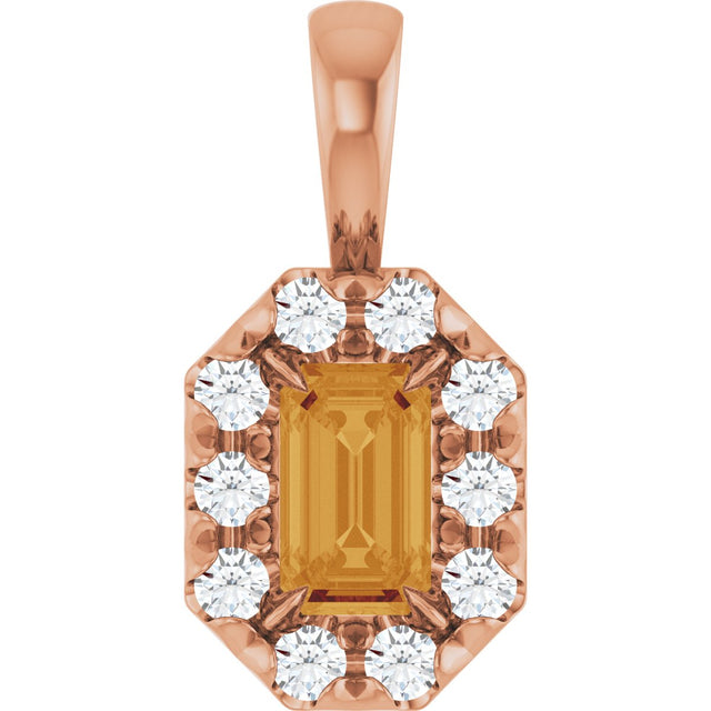 14K Gold Emerald Natural Citrine Halo-Style Necklace or Pendant - Rose Gold