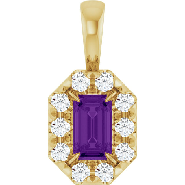 14K Gold Emerald Natural Amethyst Halo-Style Necklace or Pendant - Yellow Gold