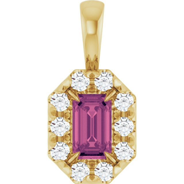 14K Gold Emerald Natural Pink Tourmaline Halo-Style Necklace or Pendant - Yellow Gold