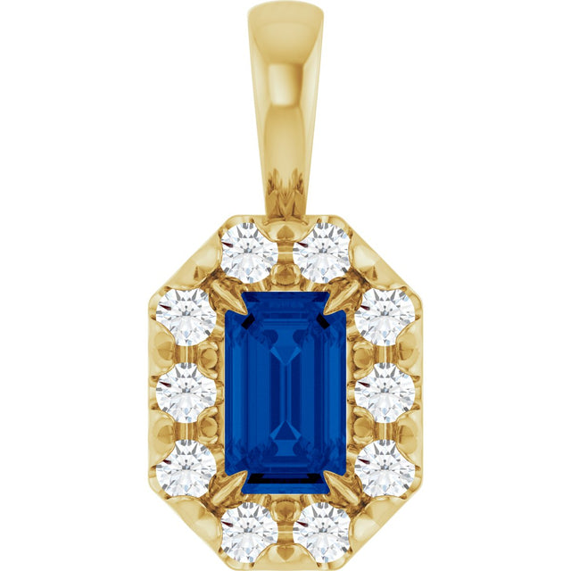 14K Gold Emerald Natural Blue Sapphire Halo-Style Necklace or Pendant - Yellow Gold