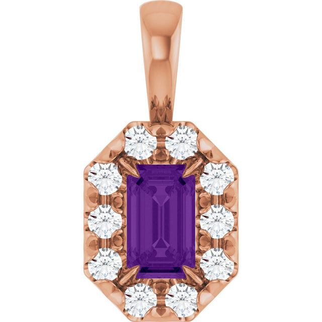 14K Gold Emerald Natural Amethyst Halo-Style Necklace or Pendant - Rose Gold