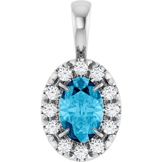 14K Gold Emerald Natural Aquamarine Halo-Style Necklace or Pendant - White Gold