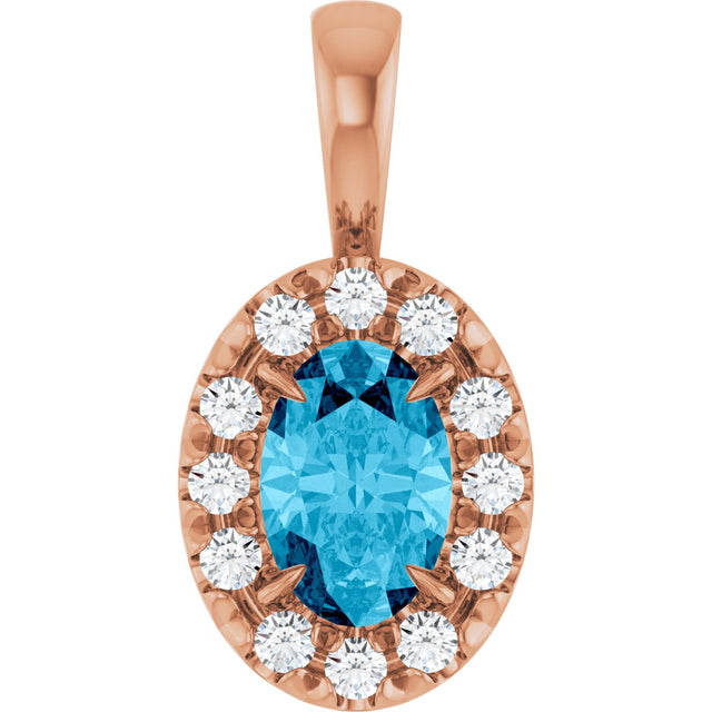 14K Gold Emerald Natural Aquamarine Halo-Style Necklace or Pendant - Rose Gold