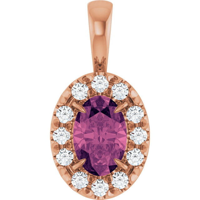 14K Gold Emerald Natural Pink Tourmaline Halo-Style Necklace or Pendant - Rose Gold