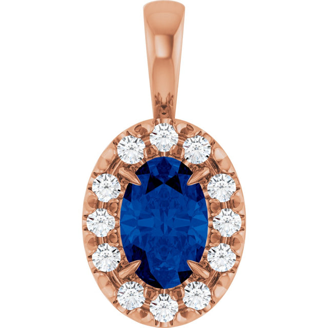 14K Gold Emerald Natural Blue Sapphire Halo-Style Necklace or Pendant - Rose Gold