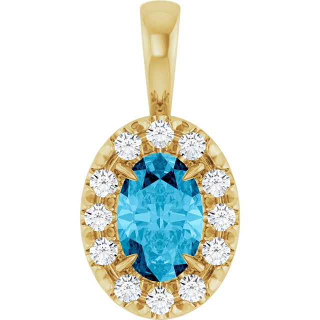 14K Gold Emerald Natural Aquamarine Halo-Style Necklace or Pendant - Yellow Gold