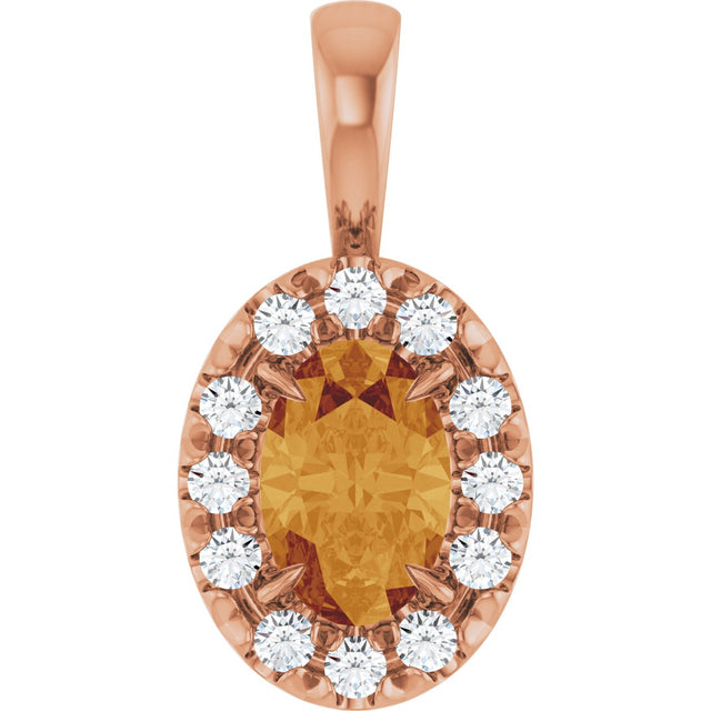 14K Gold Emerald Natural Citrine Halo-Style Necklace or Pendant - Rose Gold