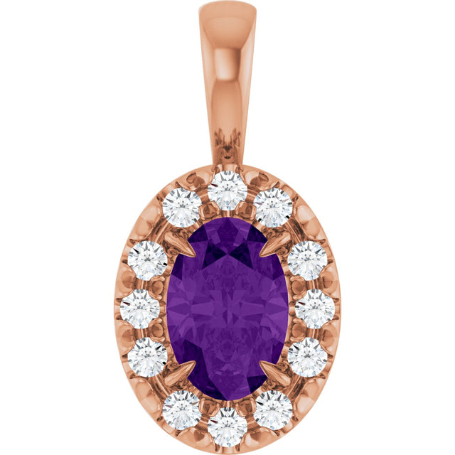14K Gold Emerald Natural Amethyst Halo-Style Necklace or Pendant - Rose Gold
